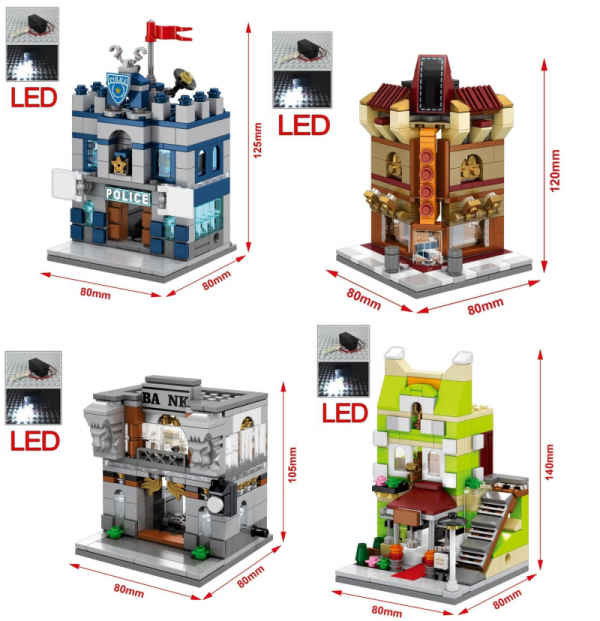 Mini Street Building Block mit LED Licht, 4 in 1 Set